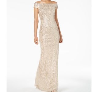 ADRIANNA PAPELL Nude/Beige Sequin Short Sleeve Maxi
Sheath Dress Size 6